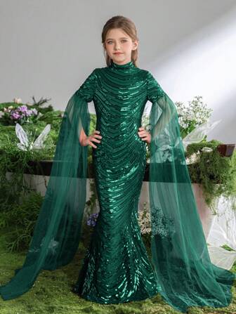 Tween Girl's High Neck Long Sleeved Sequined Mermaid Formal Dress