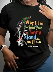 大码女式卡通宽松基础款落肩T恤图案上衣