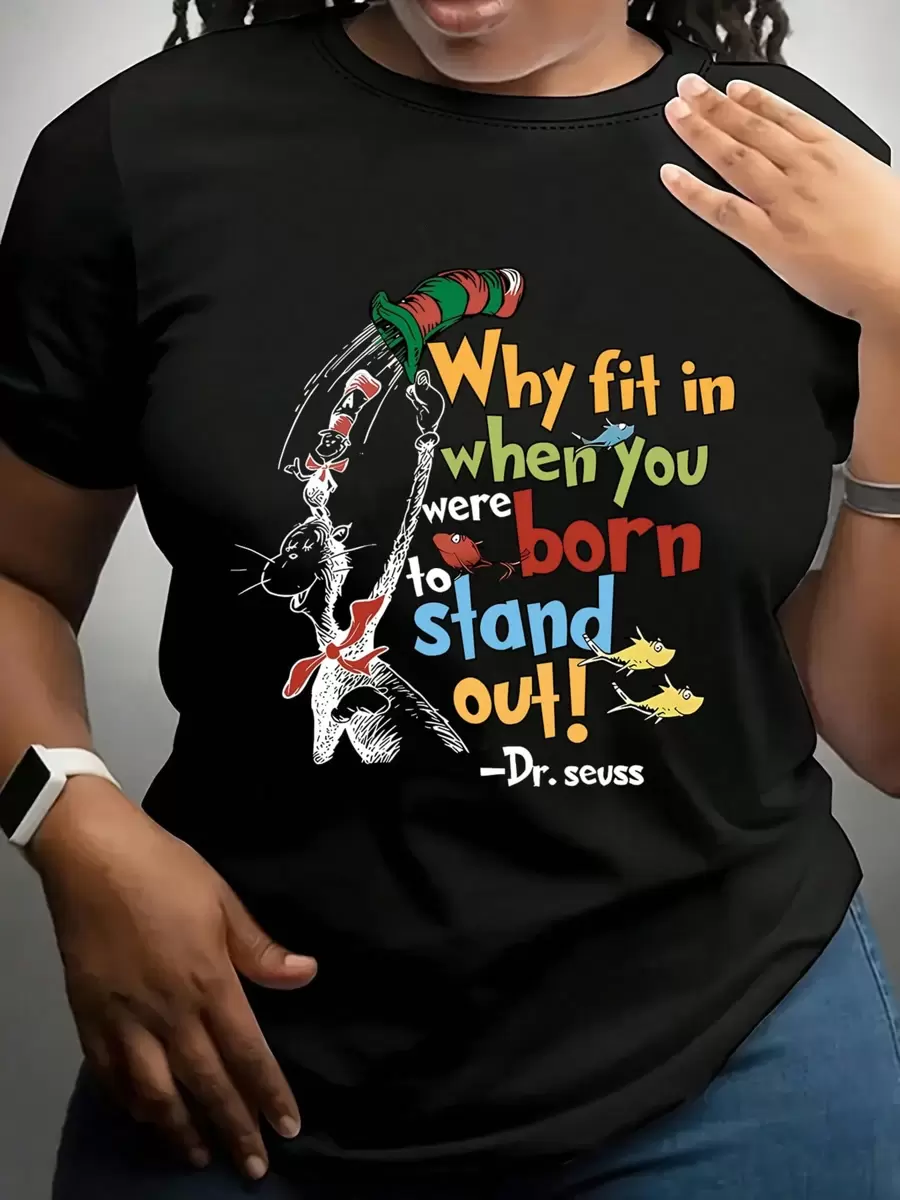 大码女式卡通宽松基础款落肩T恤图案上衣