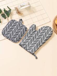 2pcs Set Minimalist Linen Nordic Style Oven Mitts & Hot Pads, Heatproof For Kitchen, Baking, Cooking - Grey - View 1