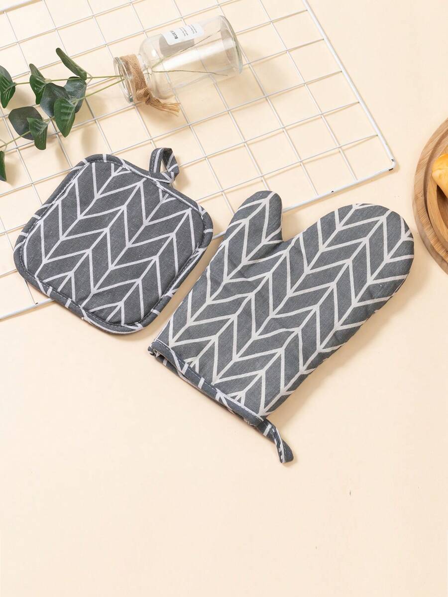 2pcs Set Minimalist Linen Nordic Style Oven Mitts & Hot Pads, Heatproof For Kitchen, Baking, Cooking - Grey - View 1