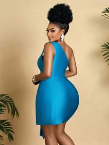 BIUBIU Women's Plus Size Tropical Solid Color Slim Fit One Shoulder Hollow Out Vacation Dress For Spring And Summer - Seaside Stroll, Blooming Charming Charm - Blue - View 3