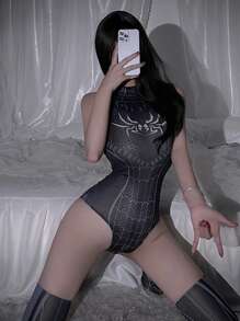 1 set Costume de super-héros sexy pour femme pour la diffusion en direct, la fête, le motif anime, combinaison noire (combinaison*1 Bas cuisse*2) Halloween