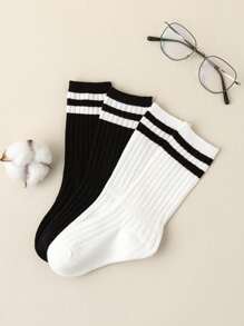 2双儿童袜子双杠图案男童女童四季简约休闲运动风格日常旅行可穿儿童袜子。 - 黑與白 - 查看 1