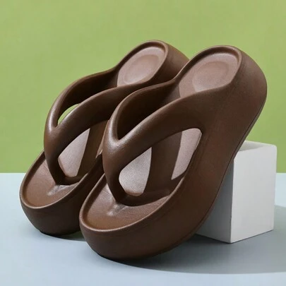 女士厚底坡跟人字拖，防滑沙滩凉鞋，防臭，时尚纯色简约度假人字拖