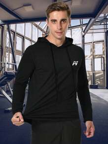 Running Men Raglan Sleeve Drawstring Hooded Sports Sweatshirt - Black - View 1