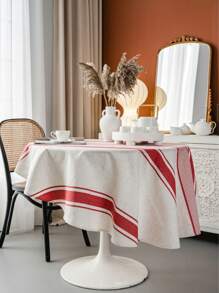 1pc Red Stripe Circular Tablecloth, Retro American Style Round Table Decor, Bedroom Nightstand, Round Coffee/TV Stand Decoration, Home Decor