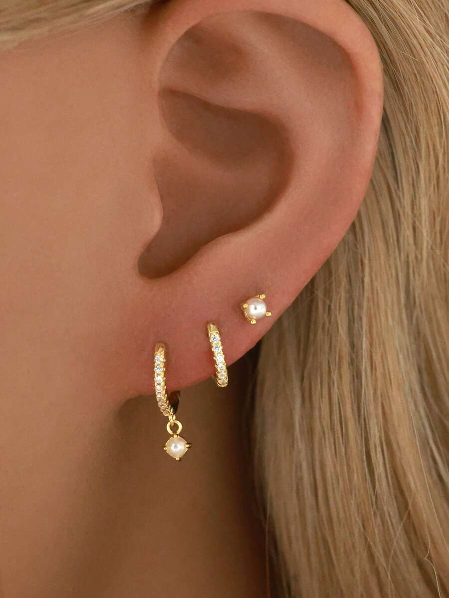 3-Piece 925 Sterling Silver Hoop Earring Set | Hypoallergenic Gold Huggie Hoop Earrings | Stud Earrings Set | Jewelry Set For Women's Daily Wear | Wife Gifts - Pearl - View 1