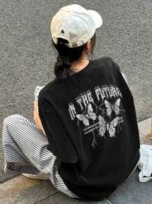 女式夏季新款黑色蝴蝶结图案印花圆领休闲 T 恤 - 黑色 - 查看 6