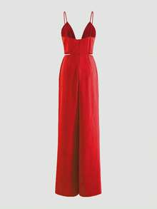 Women's Solid Color Jumpsuit Spaghetti Strap Backless Casual Wide Leg Pants - Red - View 2