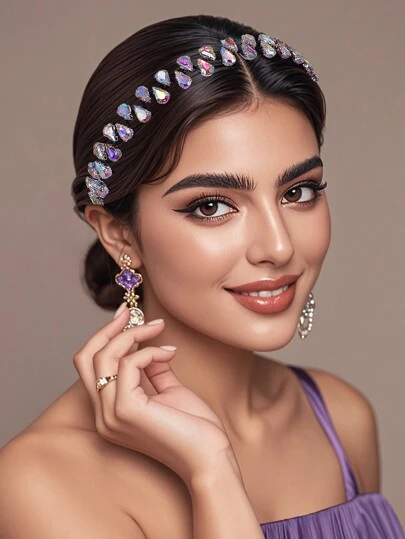 1pc Handmade Shiny Iridescent Crystal Decor Flexible Headband, Suitable For Daily Wear, Party, Wedding, Photography