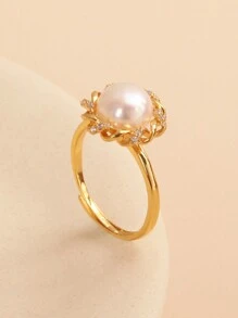 1 件 925 纯银天然珍珠和方晶锆石可调节戒指，适合女性、订婚、婚礼、生日礼物 - 金黃色 - 查看 1