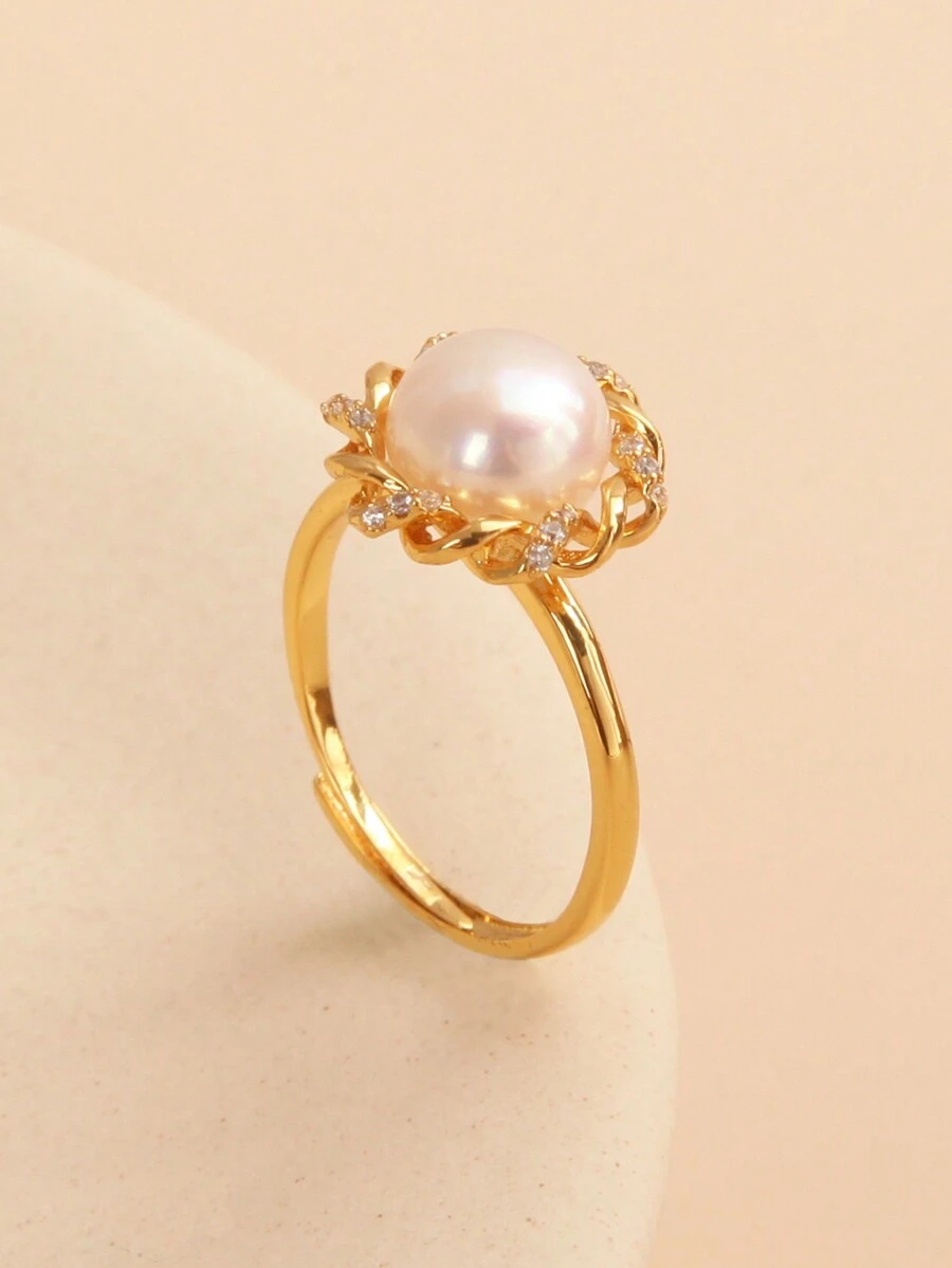 1 件 925 纯银天然珍珠和方晶锆石可调节戒指，适合女性、订婚、婚礼、生日礼物 - 金黃色 - 查看 1