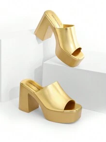 Women Chunky Platform Heeled Mule Sandals Fashion Comfort Slip On Square Open Toe Block Heel Sandals For Halloween Party Wedding Daily Wearing - Vàng - Xem 4