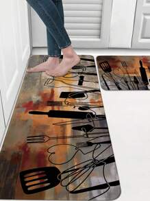 1 Felpudo de estilo de pintura al óleo con patrón de utensilios de cocina, de terciopelo de cristal suave antideslizante y absorbente, apto para cocina, comedor y sala de estar