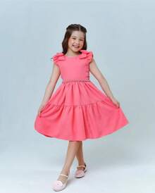 Premium Charm Dress Diva Gringa Versatile Wedding Birthday Party Round Girl Church Evangelical Fashion Baptism Young Teenager Girl Children's Gift Youth Fashion Fashion Blogger Luxury Details Sleeve Bow Beautiful Christmas New Year - 粉色 - 查看 1