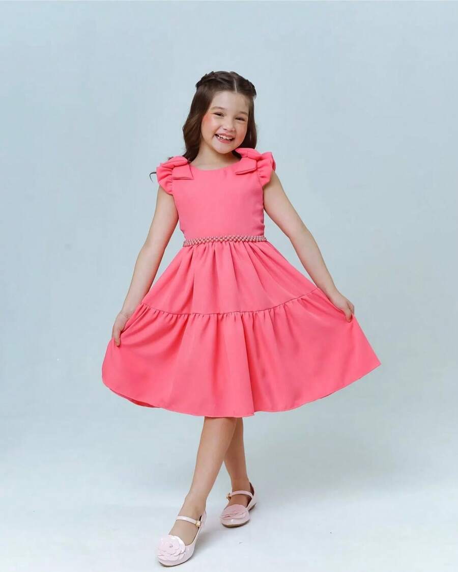 Premium Charm Dress Diva Gringa Versatile Wedding Birthday Party Round Girl Church Evangelical Fashion Baptism Young Teenager Girl Children's Gift Youth Fashion Fashion Blogger Luxury Details Sleeve Bow Beautiful Christmas New Year - 粉色 - 查看 1