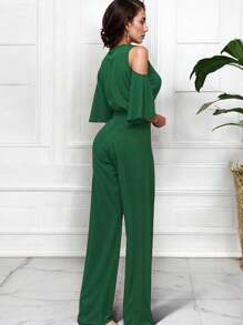 Mono casual de mujer de pierna ancha en color sólido, con cinturón, versátil a la moda - Verde - Ver 3