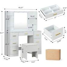 Large Makeup Vanity Desk With Folding Up Mirror With Mirror And Lights Dressing Table,Chair, 3 Adjustable Modes Of Color Brightness, For Bedroom(White)