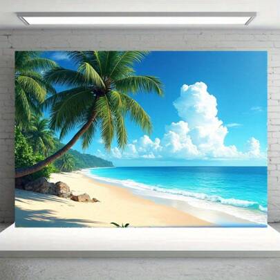1 个热带海滩背景横幅 - 鲜艳的棕榈树和碧绿的海水，非常适合拍照亭、生日派对、周年纪念、室内/室外使用、户外装饰 | 热带主题 | 活力印花，海滩主题装饰