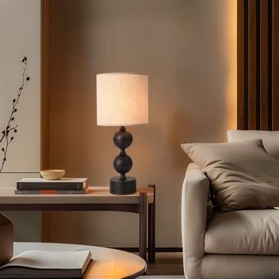  KUNJOULAM High-Quality Modern Minimalist Black Double-Ball Metal Base Decorative Table Lamp, Use E26 Bulb, With TC Fabric Shade For Bedroom, Office