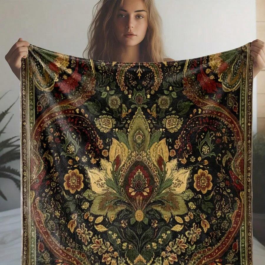 [Vintage Floral Print Blanket] Soft Cozy Vintage Floral Print Flannel Tow Blanket - Multipurpose Knitted Digital Printed Polyester Bed Sofa Office Camping Travel Gift - 51x59in And 59x78.7in - Default - View 1