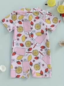 Girls Rash Guard Swimsuit Short Sleeve O Neck Rainbow/Star/Floral/Ice Cream Print Swim Romper - 粉色 - 查看 2