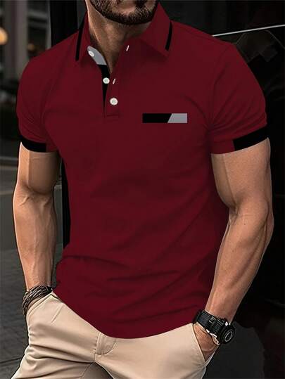 男士户外休闲纽扣Polo衫，数码印花时尚短袖上衣，男士夏季户外运动Polo衫