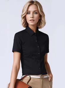 夏季新款高端商务职业黑色女士衬衫，2025年新品，修身方领短袖衬衫，经典工作服办公室制服 - 黑色 - 查看 3