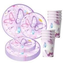 30 CHIẾC Đĩa giấy và khăn ăn hình hoa tím và bướm dùng cho tiệc mùa xuân, Bộ đồ ăn bằng giấy dùng một lần dùng để tráng miệng trang trí bàn tiệc sinh nhật mùa xuân - Nhiều màu - Xem 1