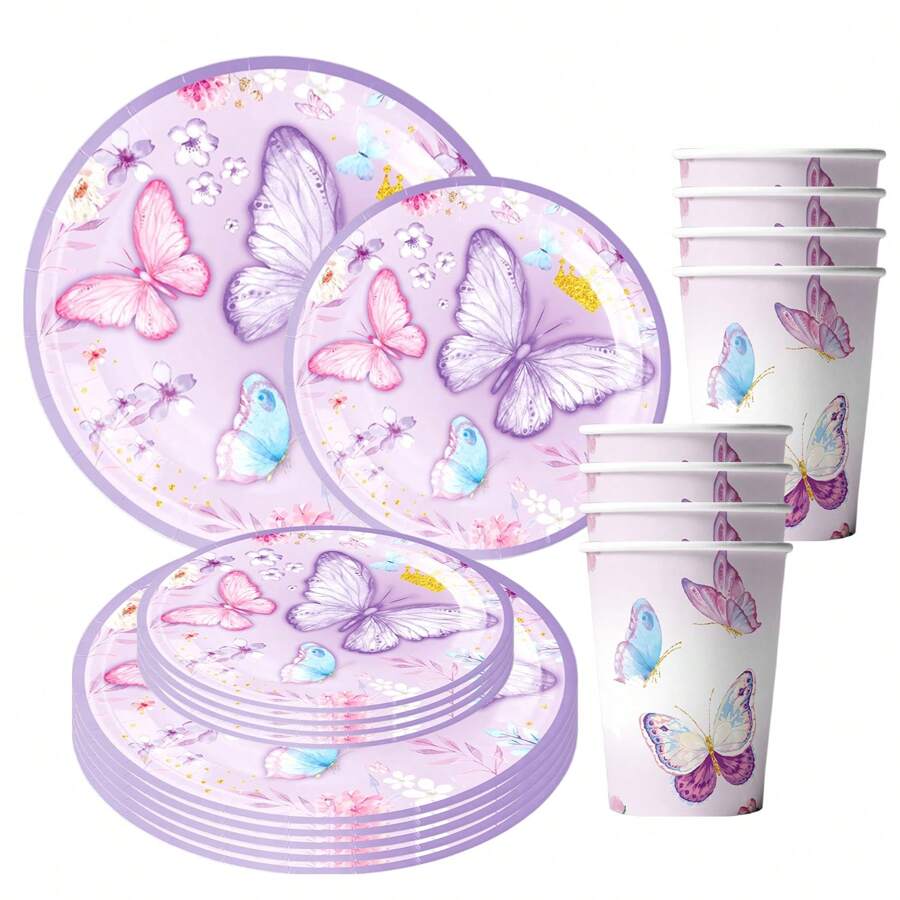 30 CHIẾC Đĩa giấy và khăn ăn hình hoa tím và bướm dùng cho tiệc mùa xuân, Bộ đồ ăn bằng giấy dùng một lần dùng để tráng miệng trang trí bàn tiệc sinh nhật mùa xuân - Nhiều màu - Xem 1