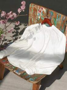 Women's White V-Neck Simple Lantern Sleeve Blouse Top - White - View 5