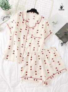 Plus Size Women's Red Heart Print Short Sleeve Top & Shorts Pajama Set - Apricot - View 1
