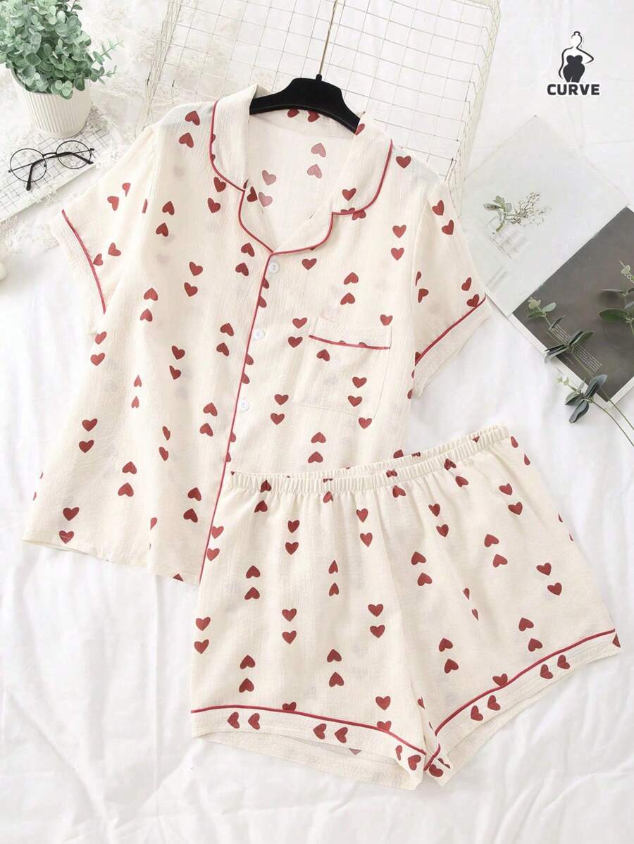 Plus Size Women's Red Heart Print Short Sleeve Top & Shorts Pajama Set - Apricot - View 1