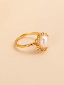 1 件 925 纯银天然珍珠和方晶锆石可调节戒指，适合女性、订婚、婚礼、生日礼物 - 金黃色 - 查看 3