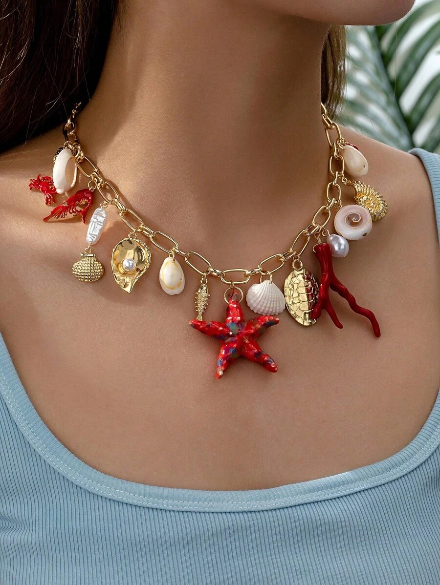 1pc Bohemian Style Starfish Pendant Necklace, Summer Beach Vacation - Multicolor - View 1