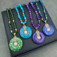 女士复古宝石波西米亚绿松石吊坠项链，天然淡水巴洛克珍珠串珠链毛衣项链，适合日常搭配衬衫、上衣、外套、旗袍