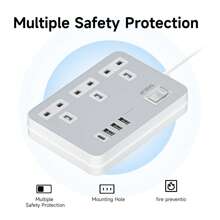 7合1扁平插头电源排插，带4个USB充电端口，可壁挂安装，一键电源控制，过载保护，13A 3120W电源插座，黑色、白色和金色可选