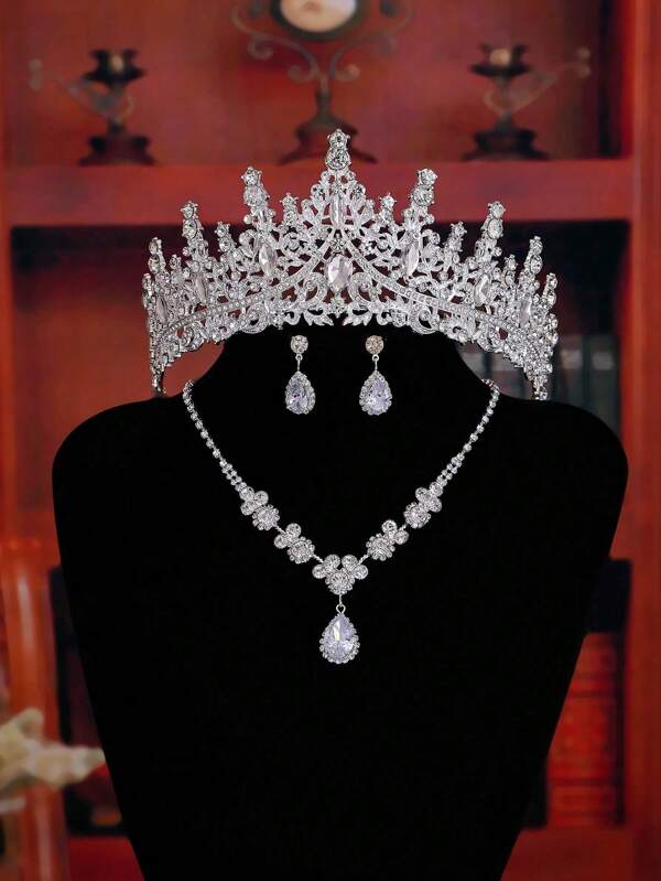 Set de 4 piezas para niñas con collar y aretes con corona de plata con cristales blancos, adecuado para ceremonias de premiación, actuaciones en el escenario, pasarela para niños y regalos de cumpleaños