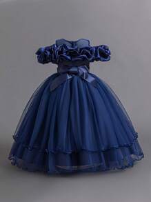 Tween Girls Applique Mesh Elegant Princess Dress For Birthday Party, Banquet, School Performance, With Random Pearl Studs, Excluding Hair Accessories