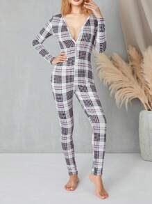 Women's Slim Playsuit, Deep V Long Sleeve Long Pants Cartoon Print Jumpsuit, One-Piece For Club, Party - Xám - Xem 7