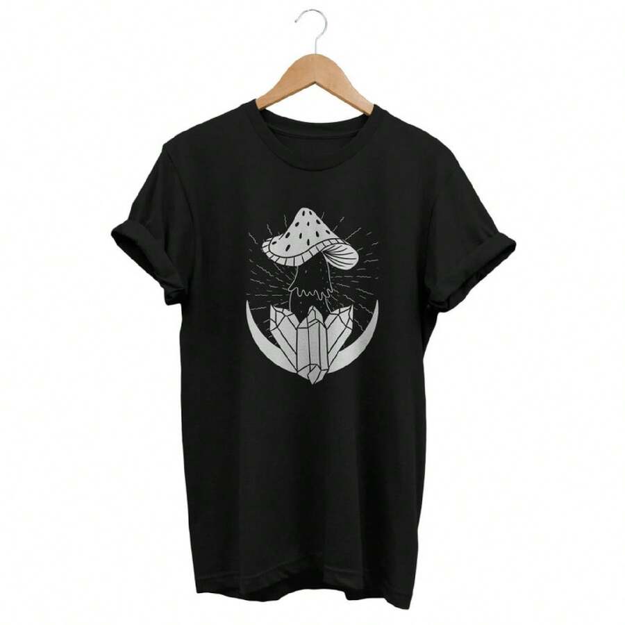 Crystals Mushroom Crescent Moon T-Shirt, Esoteric Clothing For Witchy Clothes Lovers, Dark Cottagecore Fashion, Mycologist Gifts - Black - View 1