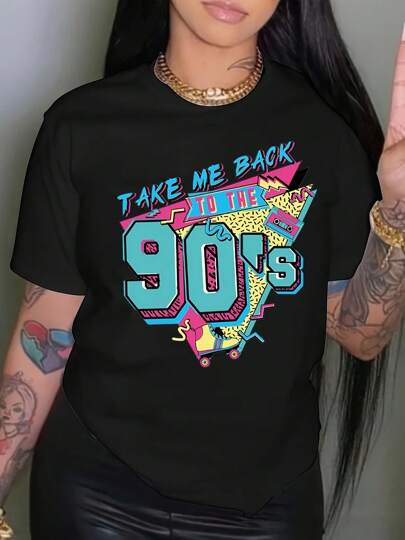 [Retro Graphic Tee] Women's Plus Size 90s Retro Graphic T-Shirt - "Take Me Back To The 90's" Vintage Slogan & Geometric Print, Stretchy Short Sleeve Round Neck Casual Top, Machine Washable Summer Tee, Vacation Clothing, Playful Design, Nontransparent Material, Everyday Tee, Nostalgic Fashion, Breathable Tee, Oversized Tee, Fashion EnthusiastsMinimalist Style Sweatshirt Graphic Tees, Vintage Clothes, Streetwear, Going Out Tops, Summer Tops, Spring Outfits, Funny Shirts, Matching Couple Outfits, Matching Outfits Vacation, Figure Print Casual, Street Fashion, Versatile