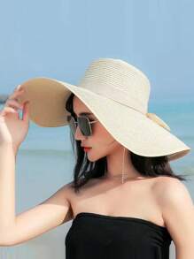 Women's Summer Sunscreen Hat, Beach Straw Hat, Korean Style Student Versatile Summer Ladies Fashionable Large Brim Sun Hat, Stylish Personalized Casual Bohemian Retro Street Elegant Polyester Bowknot Windproof UV Protection Cap, Spring/Summer - Hat - View 18