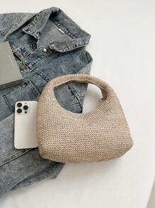 Handwoven Straw Tote Bag, Fashion Woven Crescent Shaped Casual Shoulder Bag, Woven Textured Solid Color Large Tote Bag, Versatile Commuter Handbag, Vacation Essentials, Perfectly Matching With Beach Accessories Women, Hottest Beach Bags