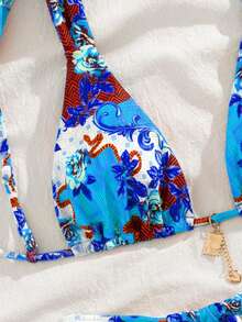 全新柔软印花系带宽肩带可爱派对比基尼套装，夏季海滩时尚女士泳装，蓝色 - 藍色 - 查看 4