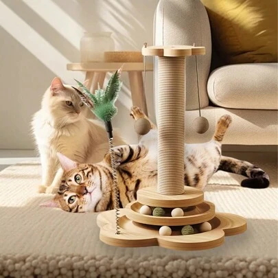 Cat Toy Pine Wood Cat Scratch Pole Vertical Sisal Cat Climbing Frame Wear-Resistant And Non Shedding Cat Turntable Integrated Cat Toy Modern Cat Scratching Post - Stylish Decor For Home, Sturdy & Pet-Friendly Cat Scratch Tree With Ball - Fun Playtime For Kittens & Cats, Reduce Furniture Damage