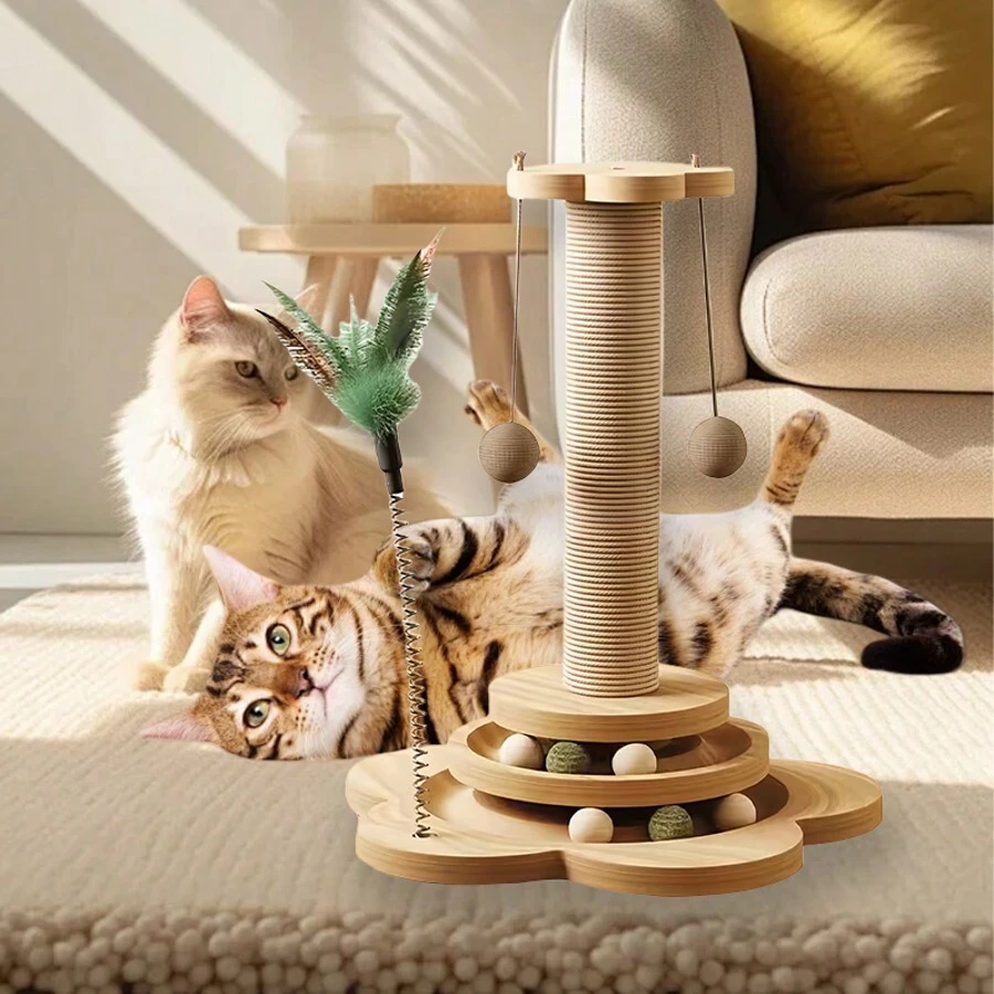 Cat Toy Pine Wood Cat Scratch Pole Vertical Sisal Cat Climbing Frame Wear-Resistant And Non Shedding Cat Turntable Integrated Cat Toy Modern Cat Scratching Post - Stylish Decor For Home, Sturdy & Pet-Friendly Cat Scratch Tree With Ball - Fun Playtime For Kittens & Cats, Reduce Furniture Damage - 彩色 - 查看 1