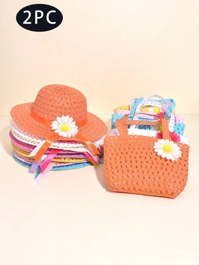 两件套女童花卉编织遮阳帽和斜挎包，轻便透气防晒帽，适合儿童户外度假、夏季海滩派对，是国王节送给孩子的理想礼物。