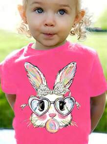 Girls' Cartoon Rabbit Print Round Neck Short Sleeve T-Shirt, Casual Tee For Spring & Summer - Hot Pink - View 6